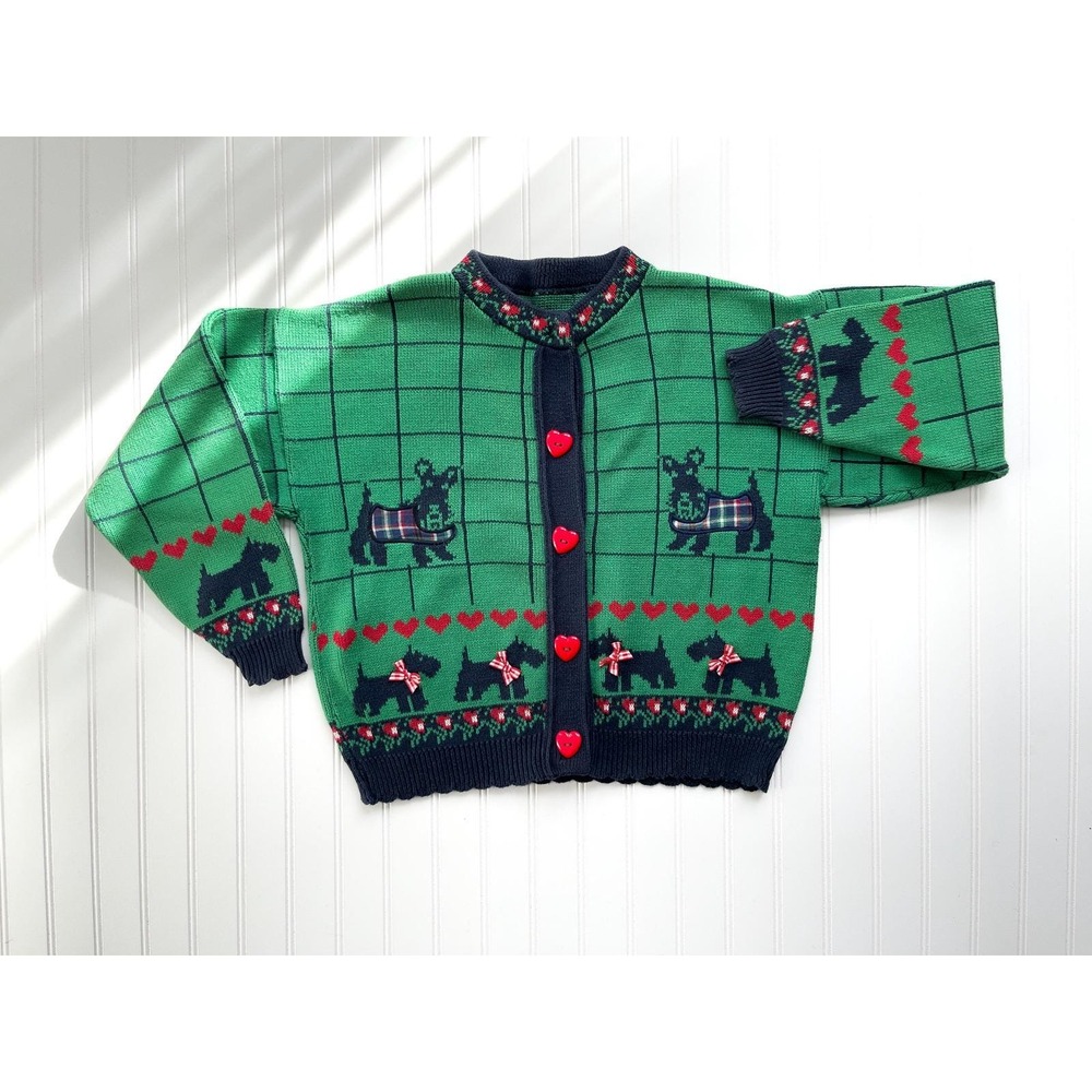 Bonnie Noble vtg green scotty dog scottish‎ terrier cardigan